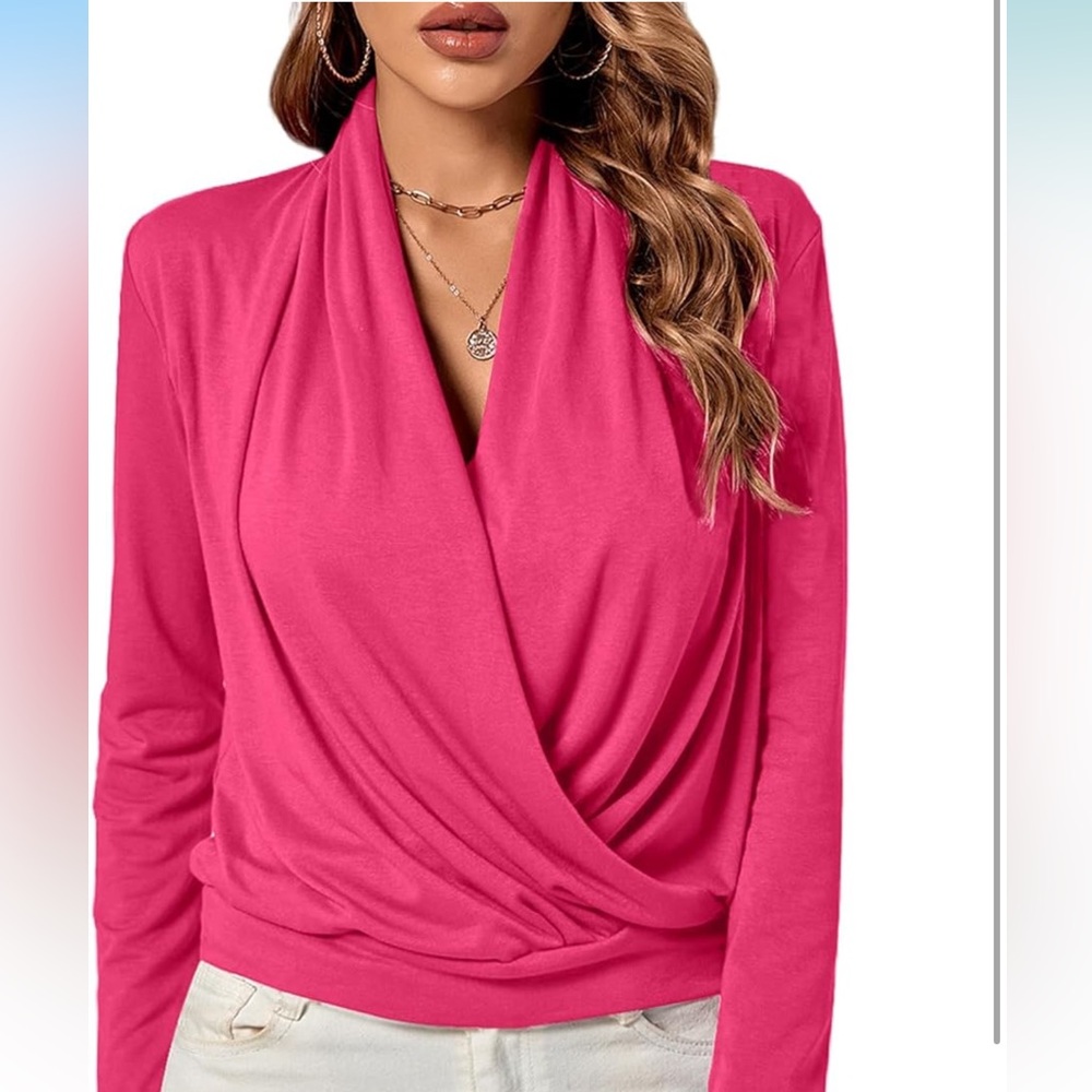 NWOT Pink Drape Surplice Blouse - Picture 2 of 6